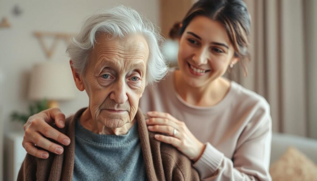 A warm, compassionate scene of an elderly person being supported and cared for by a younger caregiver. In the foreground, the elderly individual appears frail but determined, their expression reflecting a mix of vulnerability and resilience. The caregiver stands close by, offering a gentle, guiding hand and a reassuring expression. The background features a cozy, home-like setting, with soft lighting and muted colors to convey a sense of comfort and security. The overall atmosphere is one of empathy, community, and the importance of prevention and early intervention to maintain the health and independence of the elderly.
